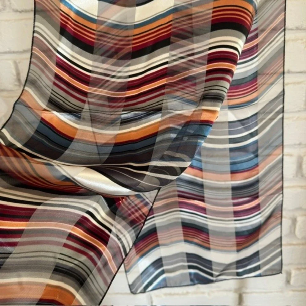 Vintage‎ Sheer Silk Chiffon Scarf Retro Geometric Wave Stripe Multi Color